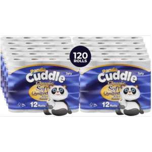 Panda Cuddle 3‑Ply Quilted Toilet Paper – Ultra Soft & Gentle Bulk Loo Rolls, Bulk Bathroom Tissue - Maxi Value Pack of 120 Rolls, Sustainable Gentle Bathroom Tissue, Unscented - Pack of 120